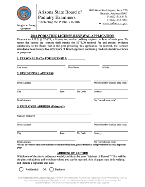 Arizona Podiatric License Renewal Application