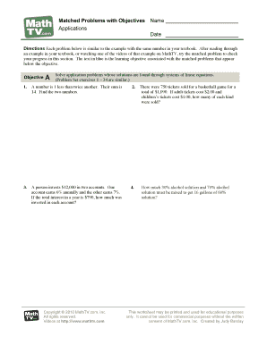Matched Problems with Objectives Worksheet