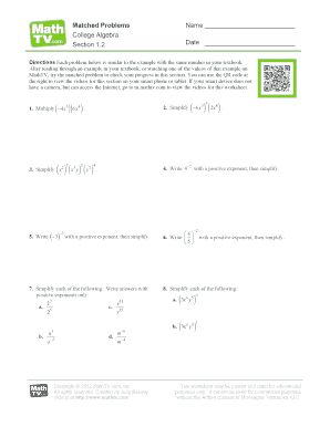 College Algebra Matched Problems Worksheet