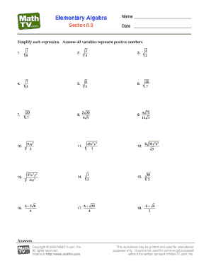 Elementary Algebra Worksheet