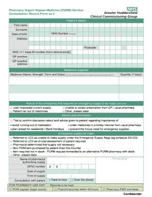 Pharmacy Urgent Repeat Medicine Consultation Record Form