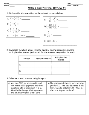 Math 7 and 7H Final Review Worksheet