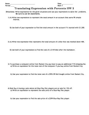 Math 7 Translating Expression with Percents Homework