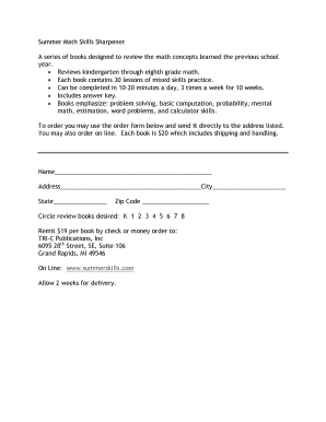 Summer Math Skills Sharpener Order Form