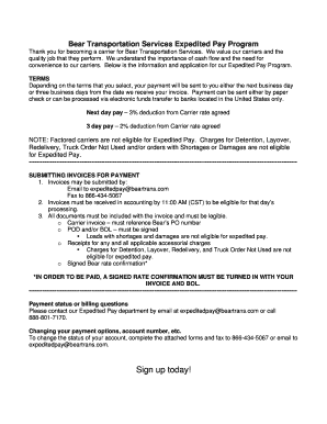Bear Transportation Services Expedited Pay Program Agreement