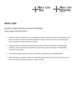 Mercy Care Bariatric Surgery Monthly Summary Worksheet
