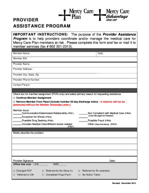 Provider Assistance Program Form