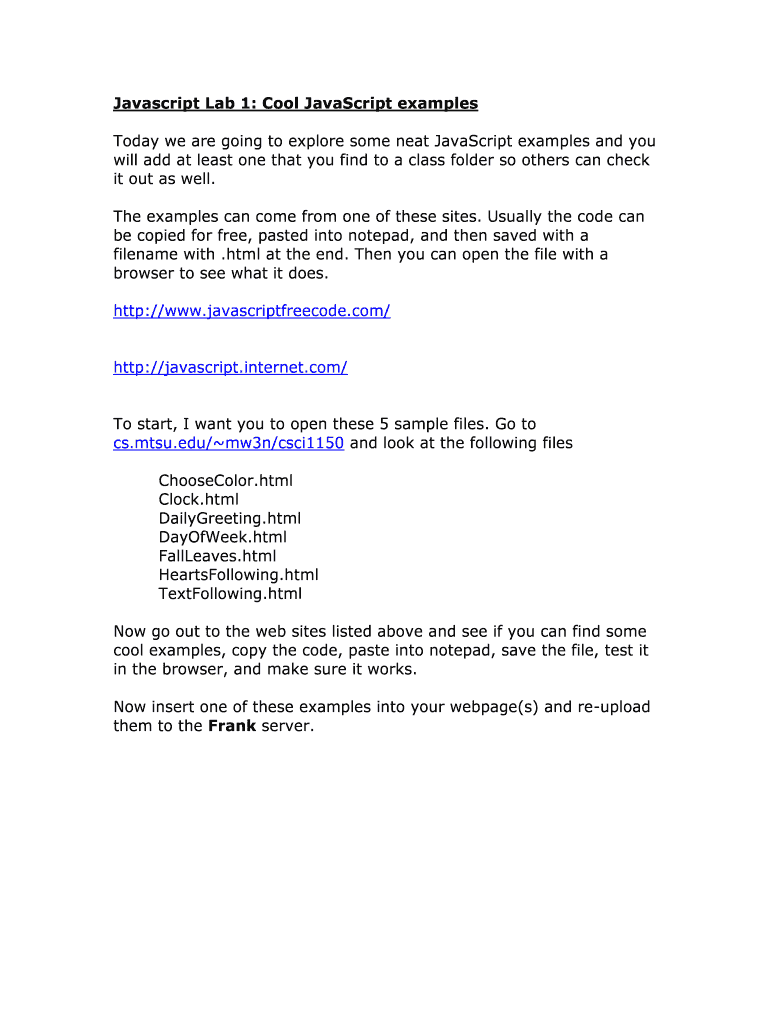 Fillable Online Javascript Lab 1 Cool JavaScript examples Fax Email