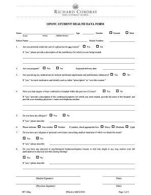 Student Health Data Form