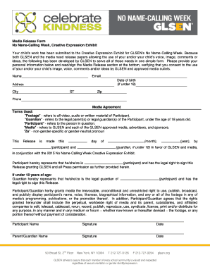 Media Release Form for No Name-Calling Week Creative Expression Exhibit