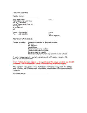 Customs Form for Human Blood Samples