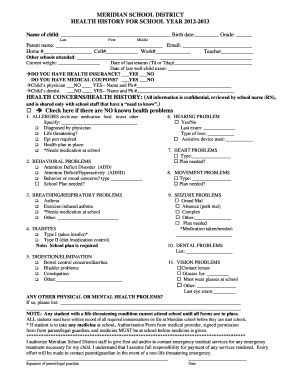 Meridian School Health History Form