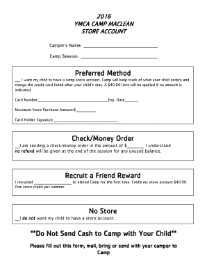 YMCA Camp Store Account Form