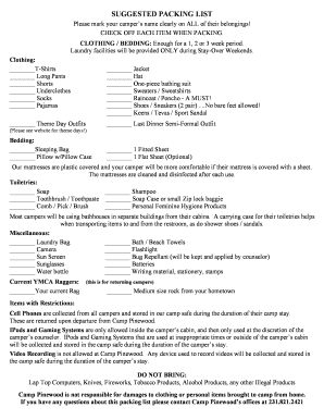 Camp Pinewood Packing List