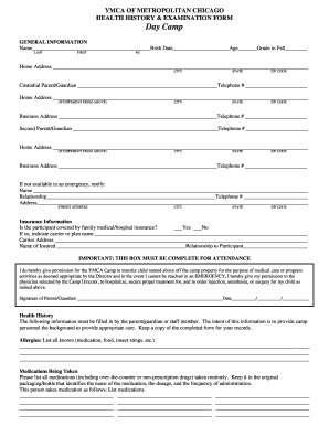 YMCA Day Camp Health History & Examination Form