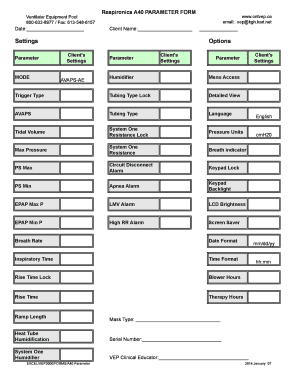 Respironics A40 Ventilator Parameter Form