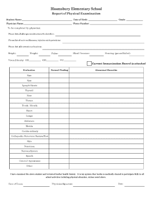 School Physical Examination Form