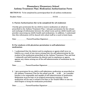 Asthma Treatment Plan Medication Authorization Form