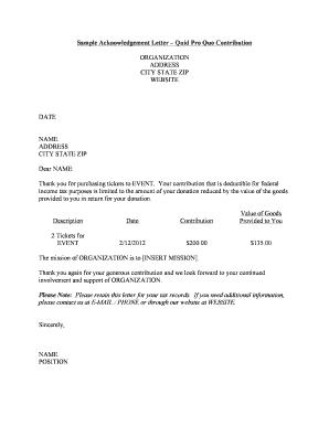 Acknowledgement Letter for Quid Pro Quo Contribution