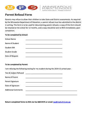 Parent Refusal Form for State and District Assessments