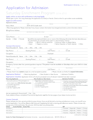 Northwestern University Saturday Enrichment Program Application