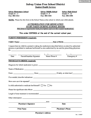 Authorization for Medication During School Hours
