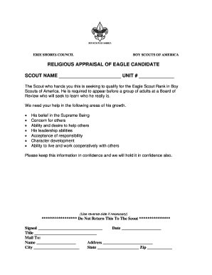 Religious Appraisal of Eagle Candidate