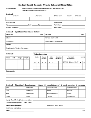 Student Health Record Form