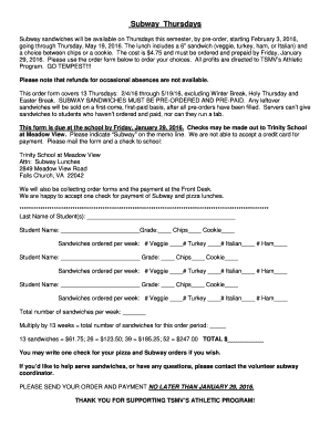 Dental inventory spreadsheet pdf - Subway Order Form - Trinity School - trinityschools