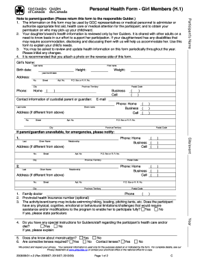 Fillable Online saskatoongirlguides Personal Health Form Girl Members ...