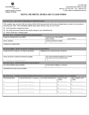 Hotel or Motel Burglary Claim Form