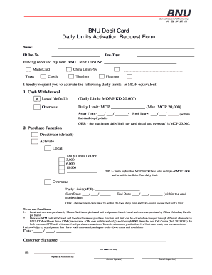 BNU Debit Card Daily Limits Activation Request Form