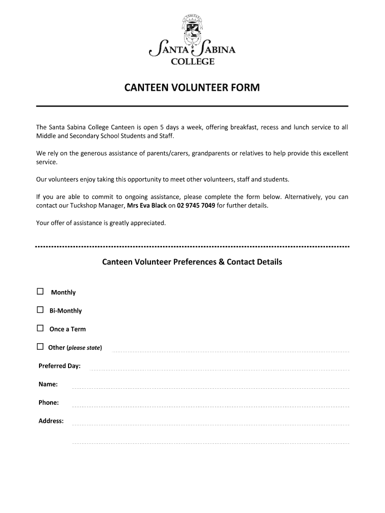Fillable Online ssc nsw edu CANTEEN VOLUNTEER FORM sscnsweduau ssc