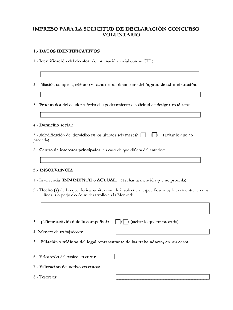 Impreso para la solicitud de declaraci n concurso voluntario - ICAB Vista previa en la página 1