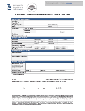 FORMULARIO SOBRE RENUNCIA POR ELEVADA CUANTÍA DE LA TASA