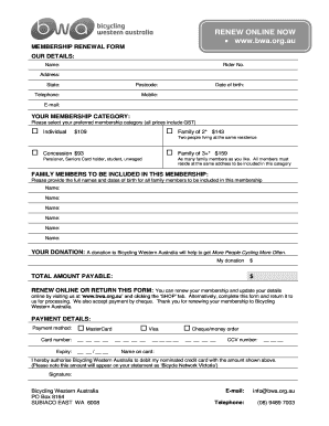 Bicycling Western Australia Membership Renewal Form