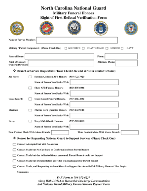 North Carolina National Guard Military Funeral Honors Form