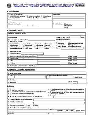 FORMULÁRIO PARA NOTIFICAÇÃO DE DESVIOS DE QUALIDADE E OCORRÊNCIAS INDESEJADAS RELACIONADAS A PRODUTOS SANEANTES DOMISSANITÁRIOS