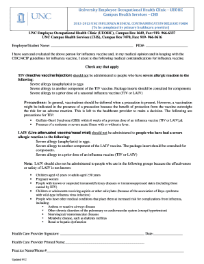 UNC Influenza Medical Contraindication Release Form
