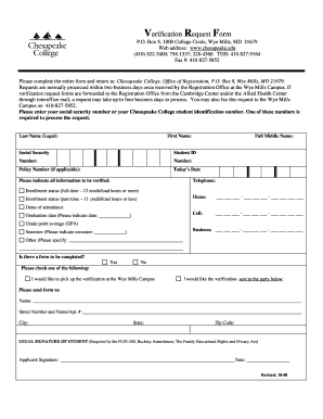 Chesapeake College Verification Request Form