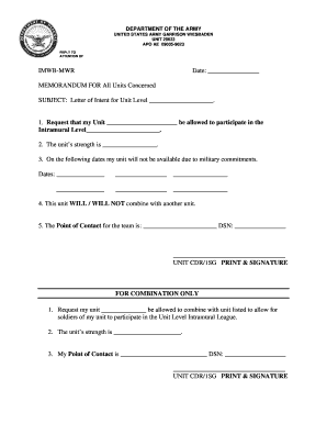 US Army Letter of Intent for Unit Level Intramural