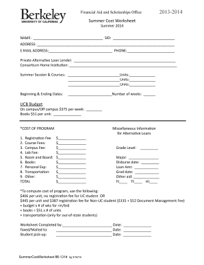 Summer Cost Worksheet