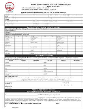 Michigan High School Athletic Association Medical History Form