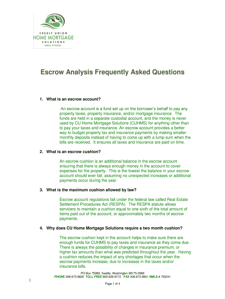 Fillable Online Escrow Analysis Frequently Asked Questions Fax Email