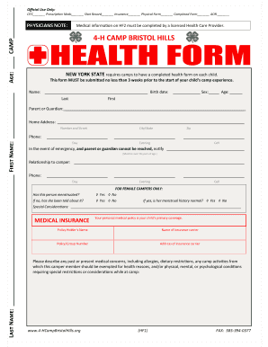 New York State 4-H Camp Health Form