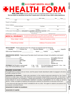 4-H Camp Bristol Hills Health Form