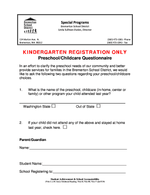 Kindergarten Registration Questionnaire
