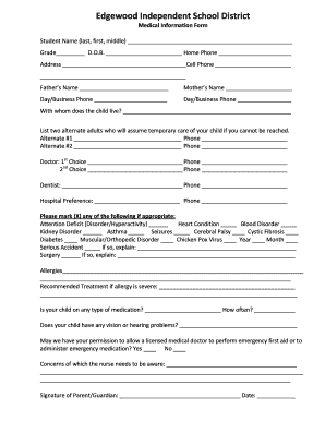 Edgewood Independent School District Medical Information Form