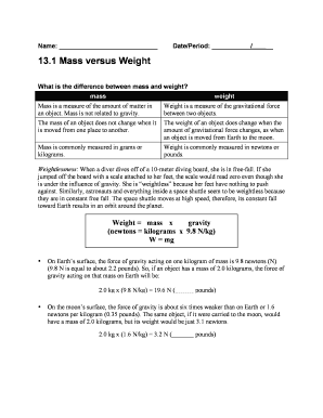 Mass versus Weight Worksheet