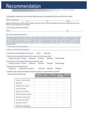 Fresno Pacific University International Undergraduate Admission Recommendation Form